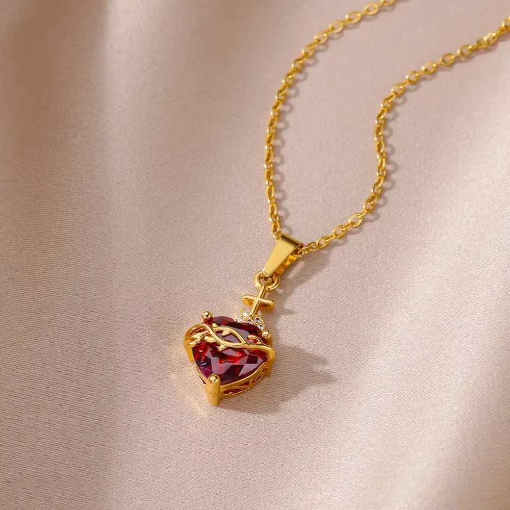 Zircon Heart Cross Necklace for Women Stainless Steel Chain Romantic Love Necklaces Vintage Aesthetic Fashion Jewelry Gift