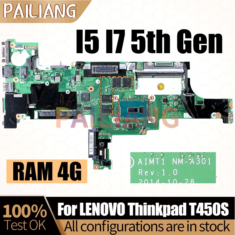 For LENOVO Thinkpad T450S Notebook Mainboard NM-A301 I5-5200U i7-5600U RAM 4G 00HT748 00HT756 Laptop Motherboard Full Tested