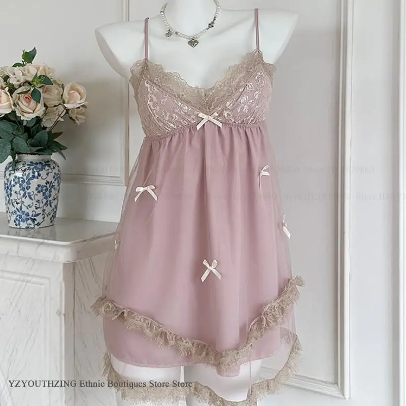 

Temptation Mesh Suspender Nightgown Chemise Sleepwear Intimate Lingerie Summer Patchwork Lace Nightdress Homewear Sexy Nighty