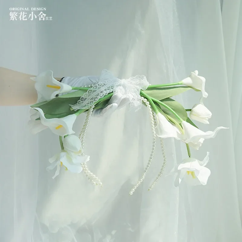Hand carry wedding premium feel white calla lily pearl chain simulation flower fake flower wedding bouquet photo prop