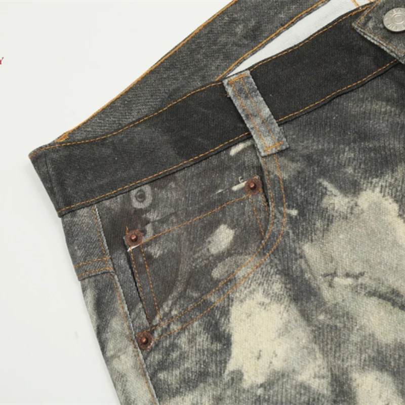 Nieuw 24ss High-End 1981 Vintage Splashed Inkt Grijs Fouteffect Getinte Bedrukte, Laaggetailleerde Damesjeans Voor Heren