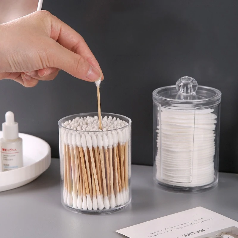 Acrylic Storage Box with Lid Qtip Holder Dispenser Clear Plastic Jar Makeup Organizer Bathroom Canister Storage Organization