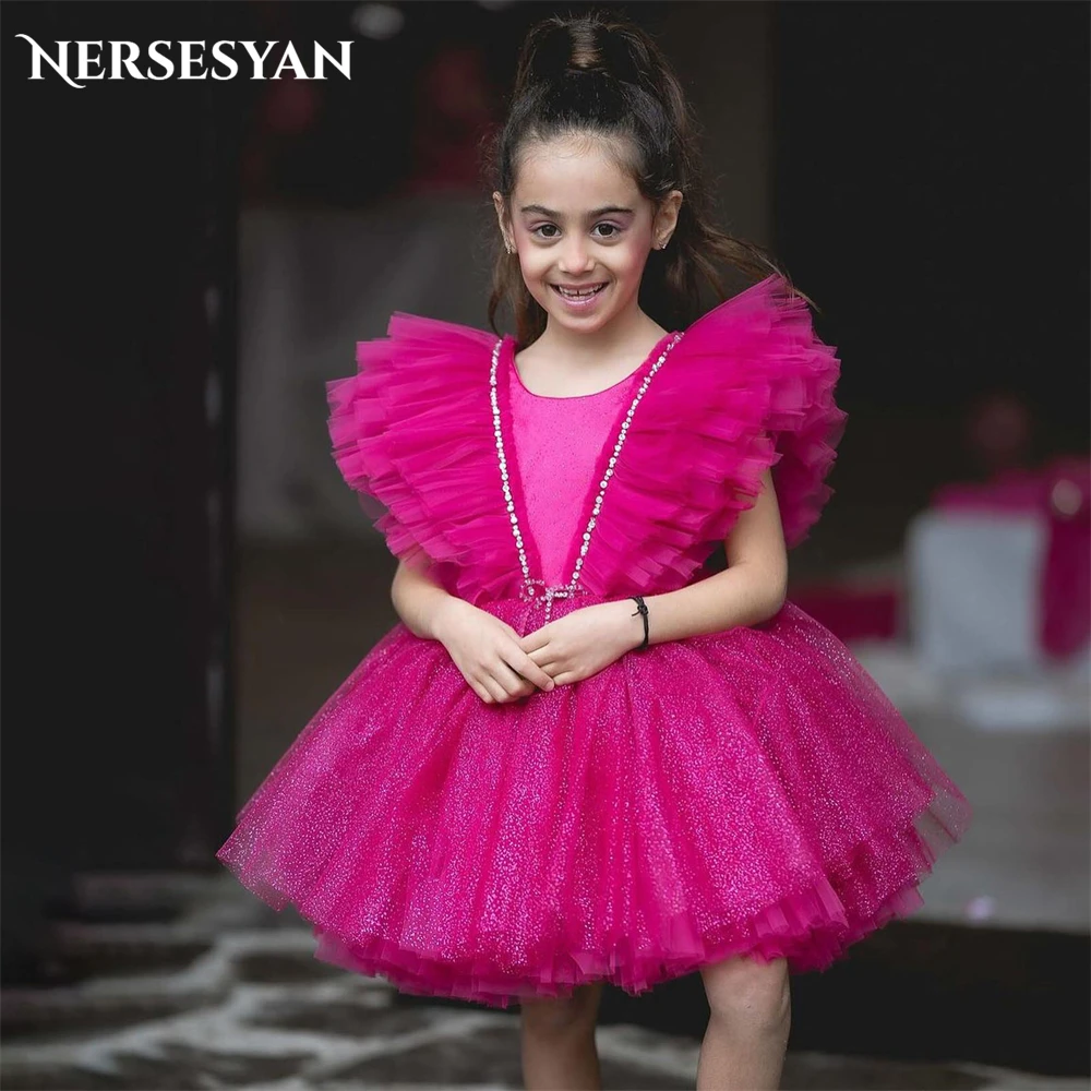 Nersesyan fucsia Glitter Flower Girls abiti per matrimonio a-line increspato scintillante abiti da festa di compleanno solido paillettes vestito da bambino