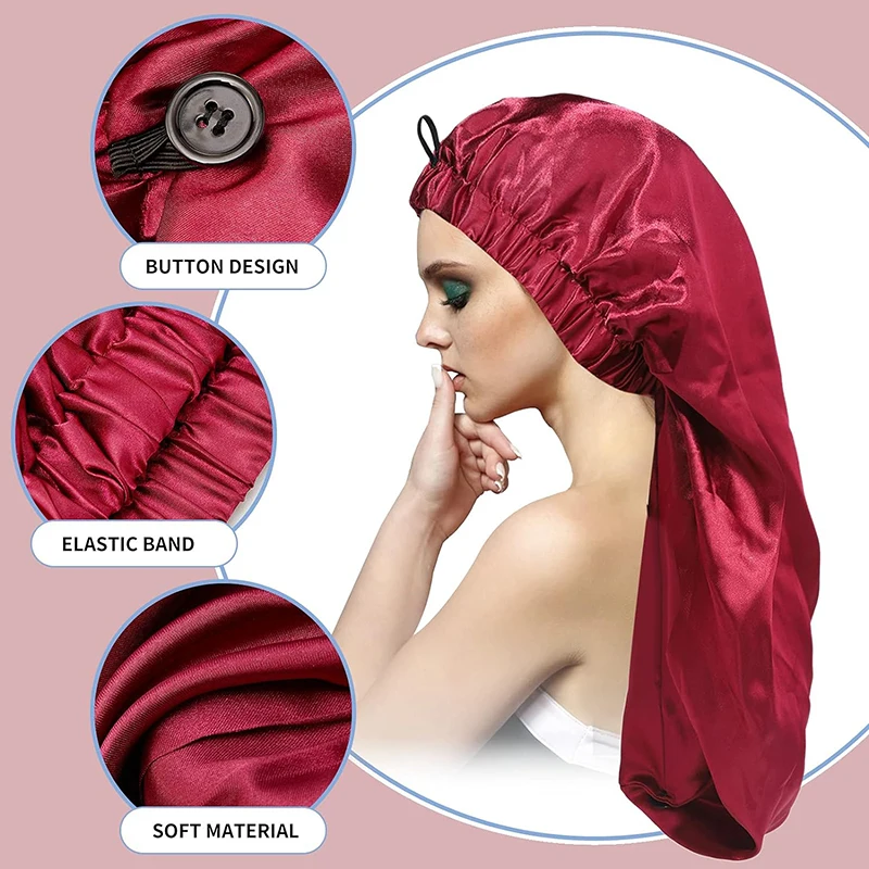 New Women Long Satin Bonnet Large Sleep Cap With Button Braids Elastic hair band Bonnet Cap Silky Night Sleep Hat chemo Caps