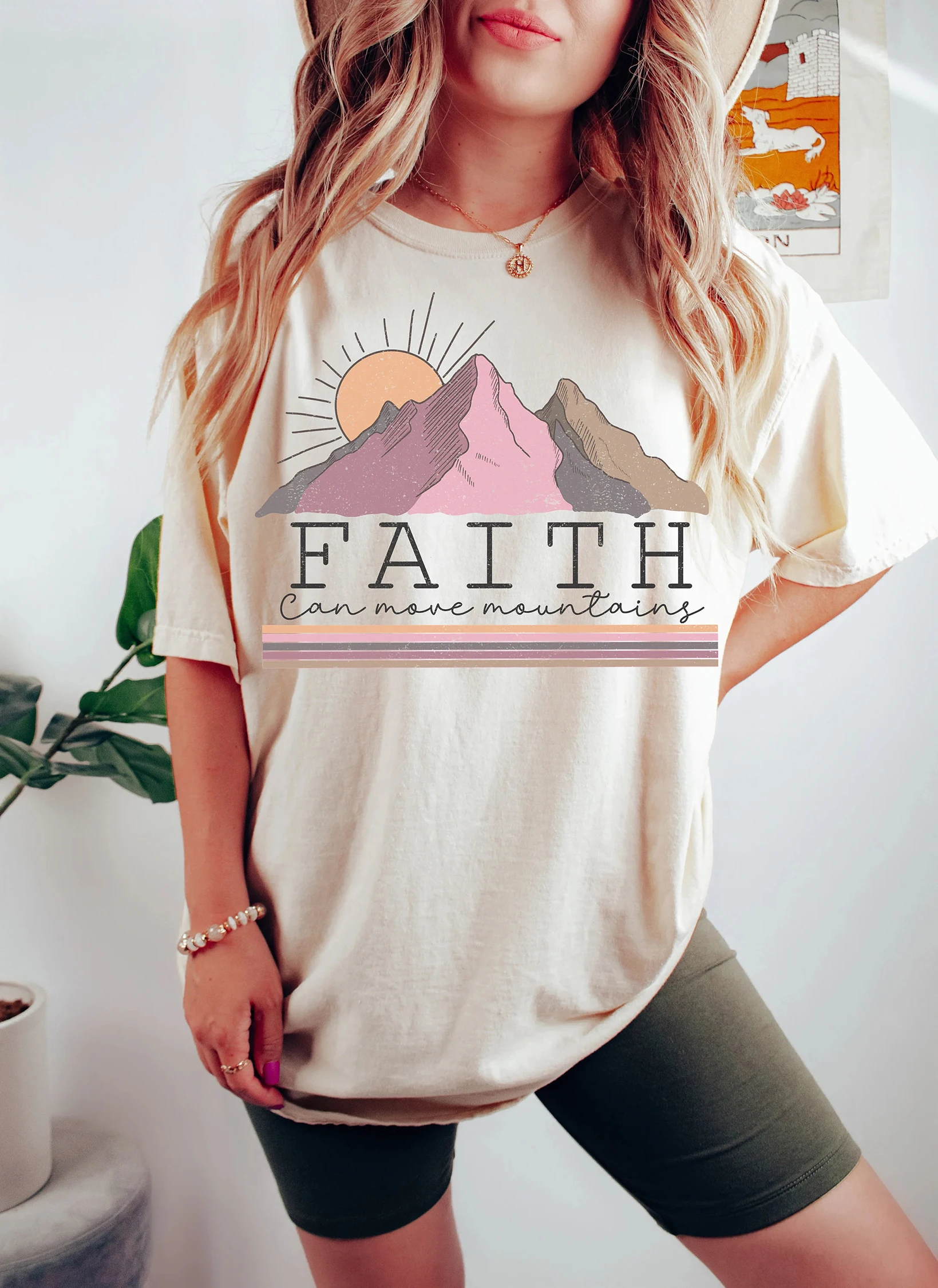 Faith Can Move Mountain Slogan Women T-shirt Vintage Cartoon Peak Sun Print Female Shirt Retro Fashion Summer Casual Girl Tee