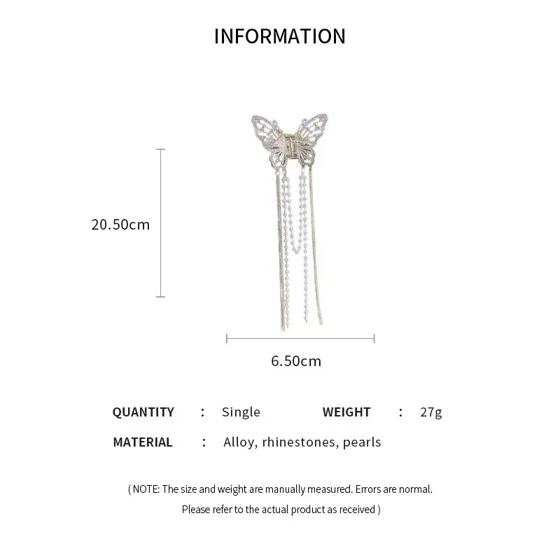 Imitation Pearl Butterfly Long Tassel Hair Claws for Women Elegant Rhinestones Shark Clips Half Tie Charms Hairpins Accessories image 6