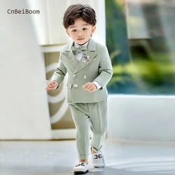 Boys Suits British Children's Clothing Set Baby Flower Girl Dresses Handsome First Birthday Party Fashion Green Formal Suit