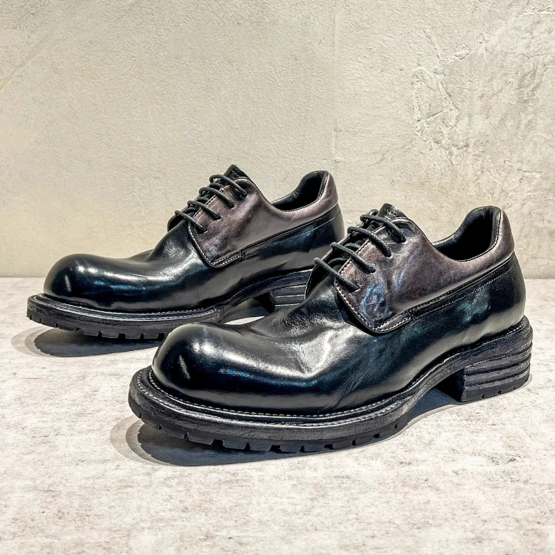 Retro Washed Horsehide Dress Derby Shoes for Men's Horse Skin Handicraft Breathable Genuine Leather Sole Goodyear Leather Shoes