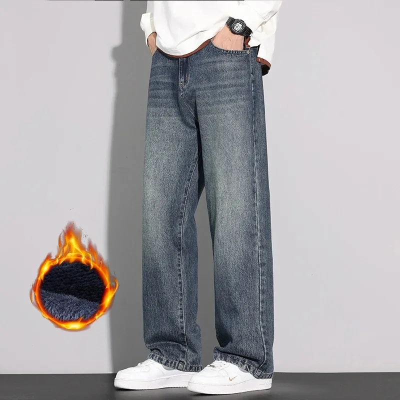 Men's Winter Fleece Lined Jeans Straight Leg Loose Thick Warm Denim Pants Casual Vintage Streetwear  Daily Fashion Trousers