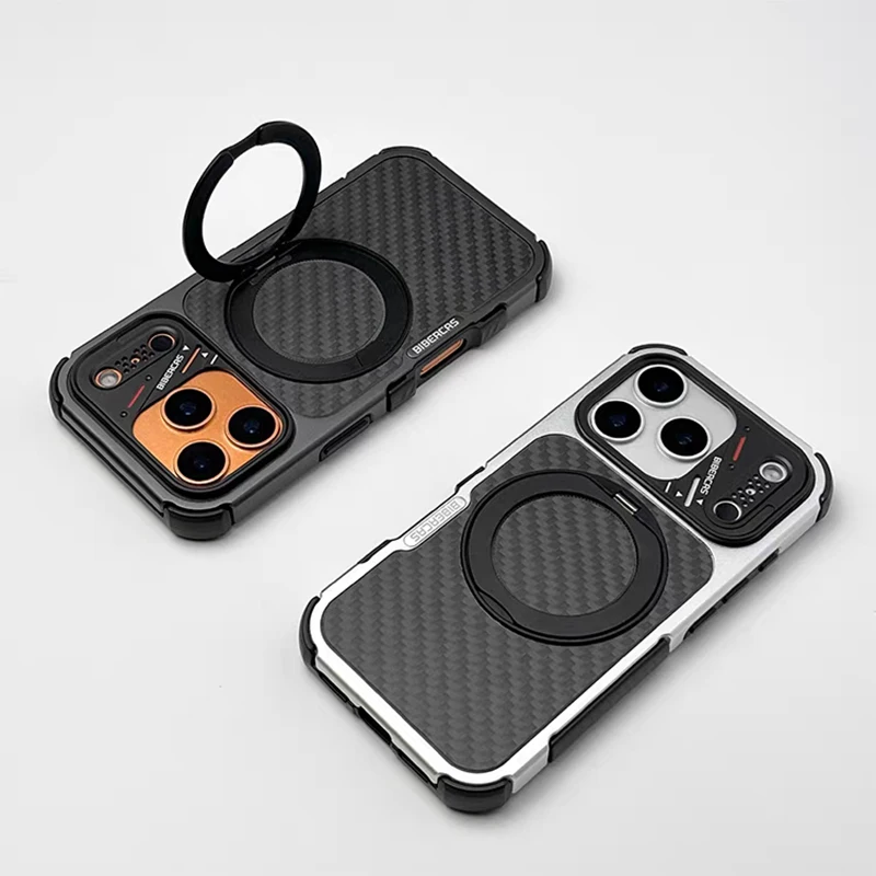 Luxury Real Kevlar Backplate 360° Magnetic Bracket Case for IPhone 17 Pro Max 17Pro Aluminum Alloy + TPU Frame for Magsafe Cover