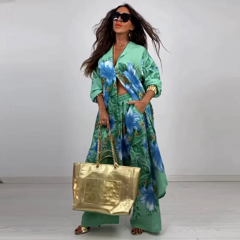 Set di pantaloni a due pezzi casual a gamba larga con tasca a maniche lunghe con stampa tropicale bianca casual da lavoro per donna Set da 2 pezzi vintage autunnale