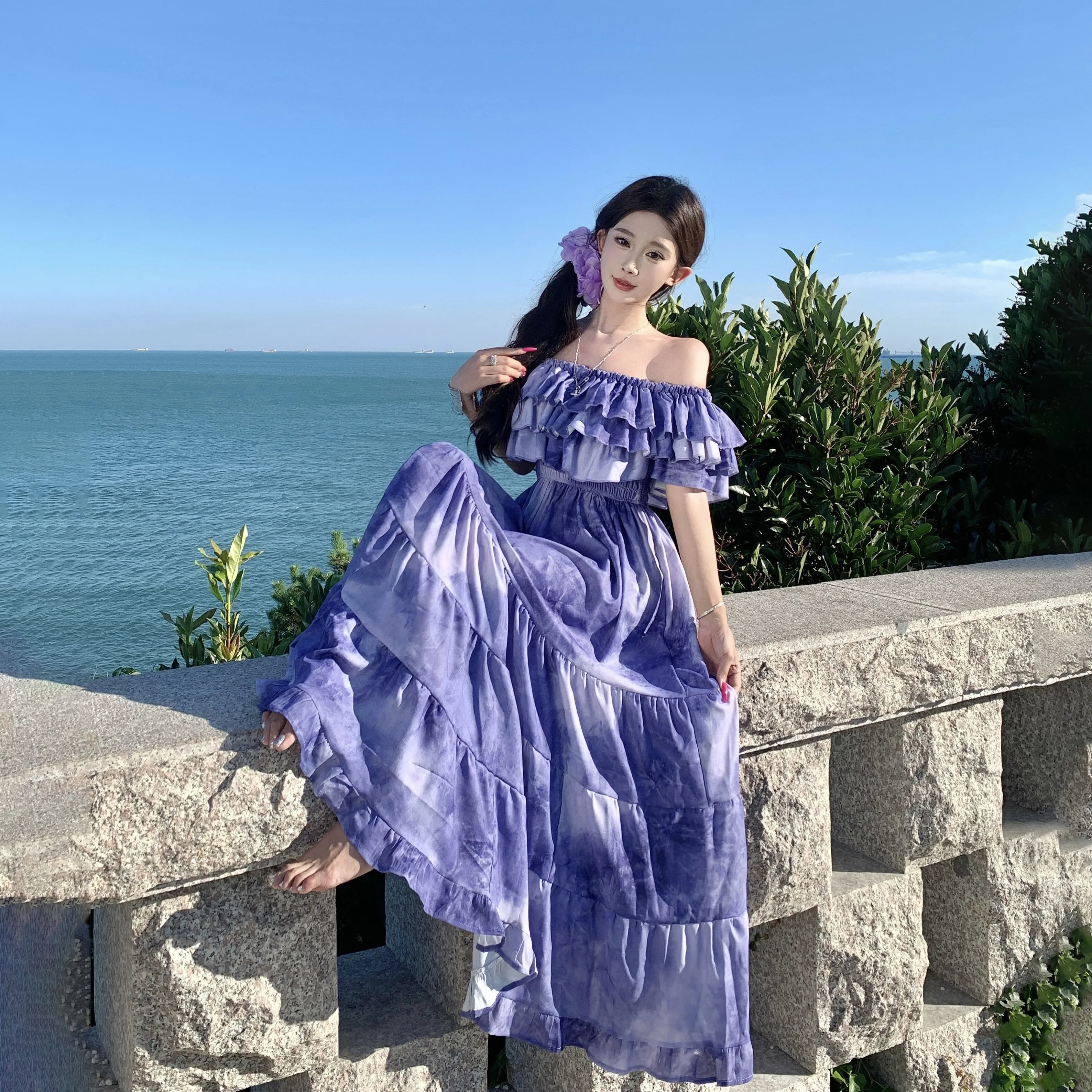 Feminino roxo tie-dye francês em camadas vestido babados reúne elegante robe para eventos slash-neck sem costas chique verão na moda outfit