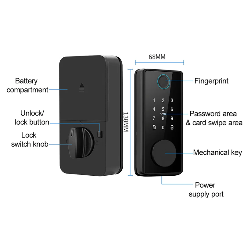 قفل ديدبولت ذكي ببصمة الإصبع مع مزلاج/مستشعر الباب TT قفل التطبيق كلمة المرور/البطاقة/مفتاح فتح قفل الباب الخشبي الكهربائي تويا