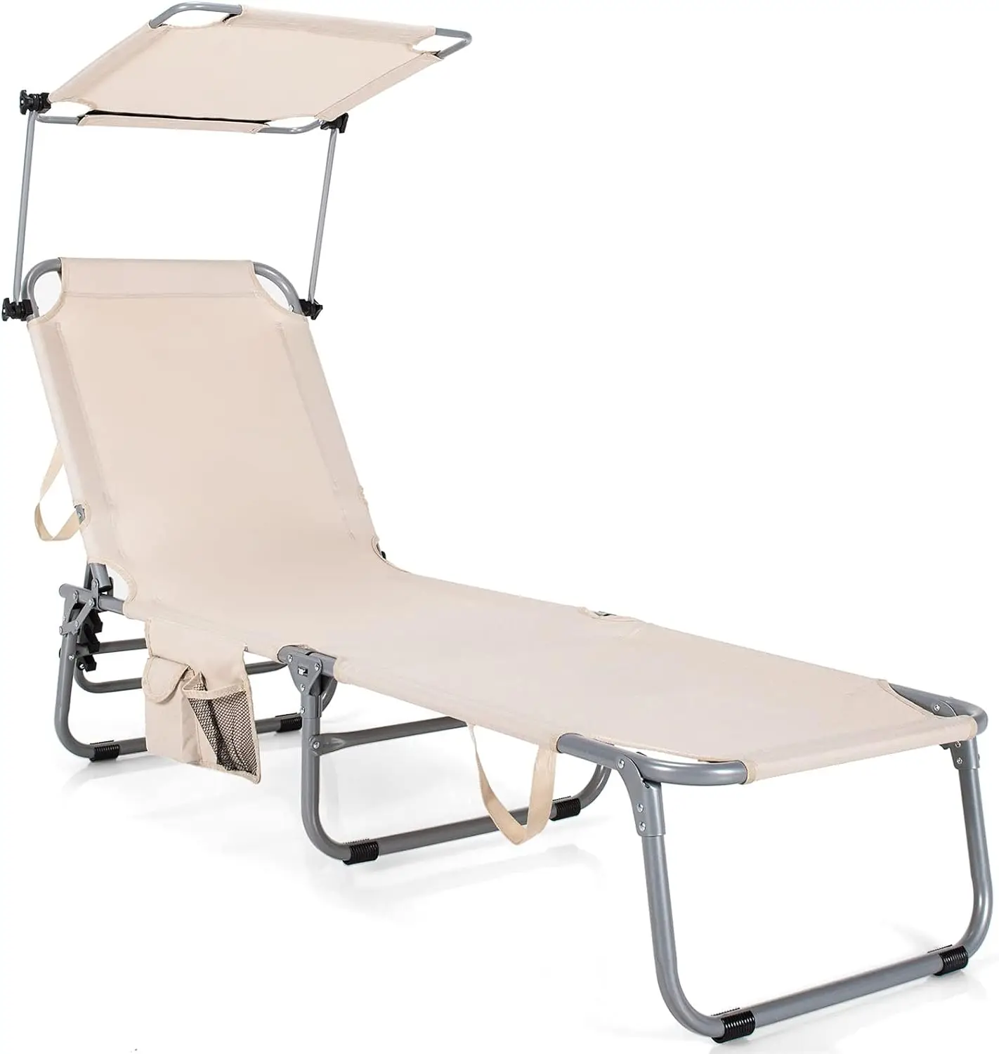 

Tanning Chair, Foldable Beach Lounge Chair with 360°Canopy Sun Shade, Side Pocket, 5-Position Adjustable Outdoor Chaise Lounge