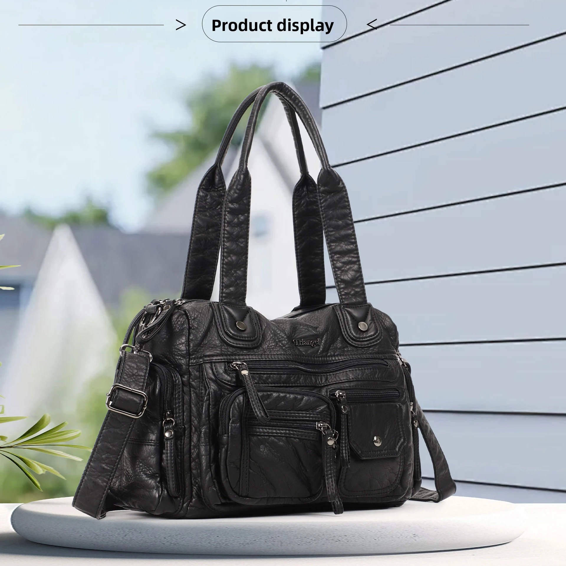 Vintage Women Unisex Brush-off Color Washed PU Vegan Leather Zip Pockets Shoulder Cross body Bag Large Retro Casual Daily Travel