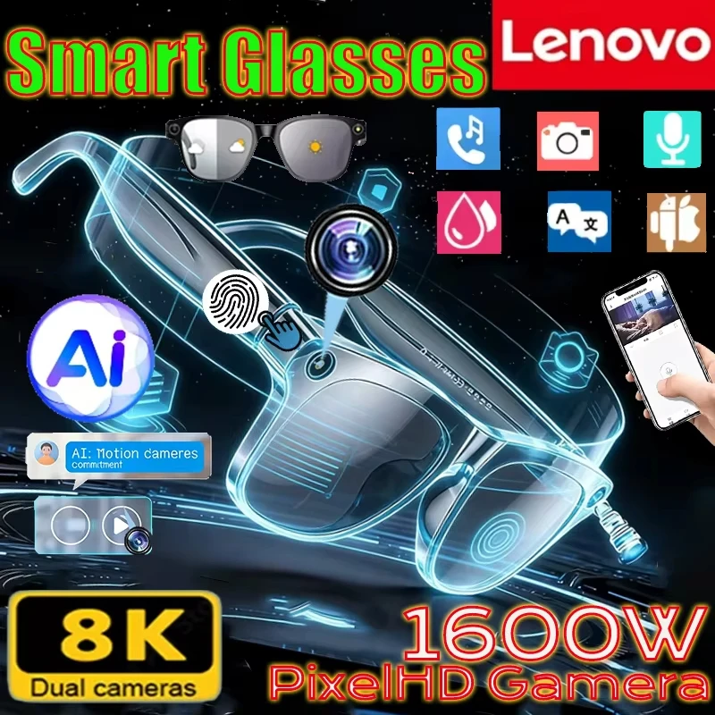 Lenovo AI Voice Assistant Smart Glasses 4K Remote Control Touch Photo Camera Recording Translator Wireless Bluetooth Sunglasses