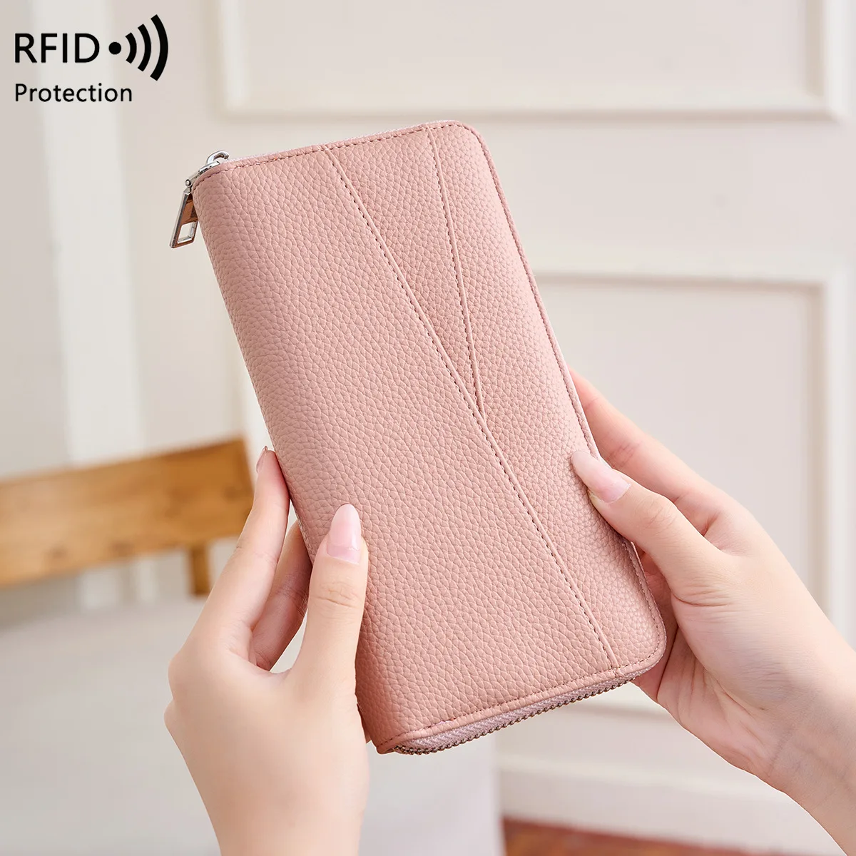 Women Pu Leather Long Wallet RFID Blocking Card Holder Zipper Coin Purse Fashion Clutch Money Bag Phone Bag For Ladies