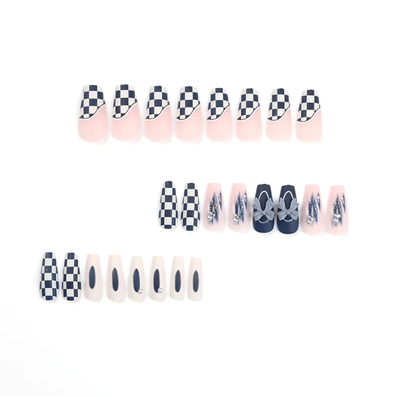 24pcs/box checkerboard patchwork manicure piece bow pearl fake nails fake nails autumn and winter blue wearable fake nails