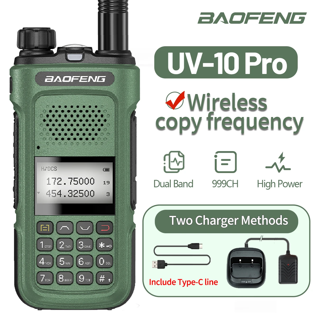 Портативная рация Baofeng UV-10 Pro, беспроводная, частота копирования 999CH, Двухдиапазонная, тип-C, высокая мощность, портативная, двухсторонняя рация