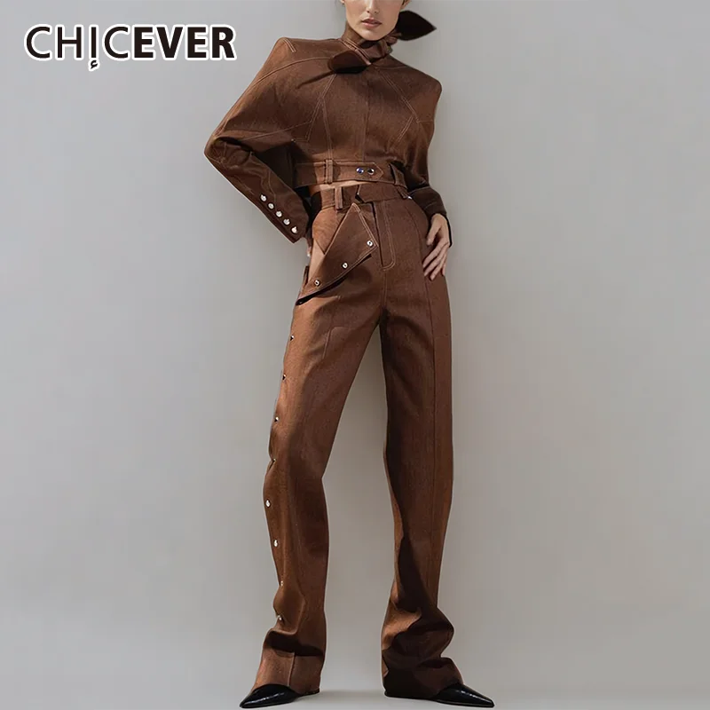 CHICEVER-Conjunto Vintage de dos piezas para mujer, pantalones de cintura alta de manga larga con cordones empalmados y cuello levantado, trajes con remaches para mujer