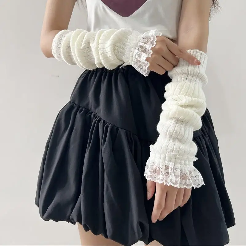 Aquecedores de braço de malha longa sem dedos luvas sem dedos y2k rendas cosplay anime luvas gótico harajuku malha mitten mangas de braço
