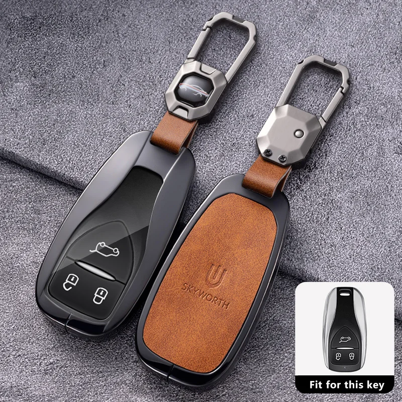 Zinc Alloy Leather Car Key Fob for SKYWORTH SKYWELL ET5 EV6 HT-i Remote Protection Case Cover Shell Keychain Holder Accessories