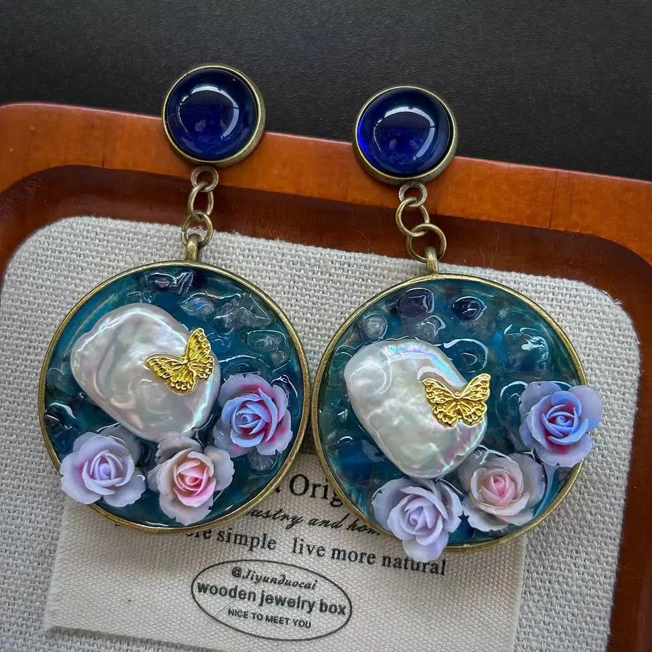 Original Design Natural Baroque Pearl Inlaid Butterfly Earrings Natural Fluorite Vintage Monet Garden Earrings