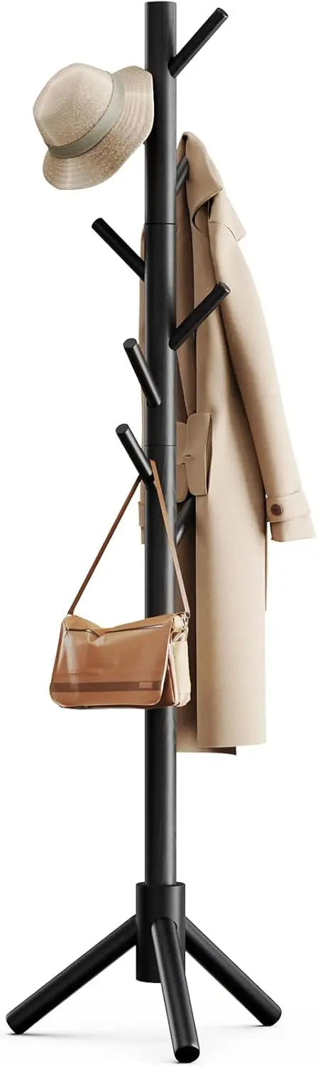 

Adjustable Wooden Coat Rack with 8 Hooks, Freestanding for Hallway Bedroom Office Entryway, Black