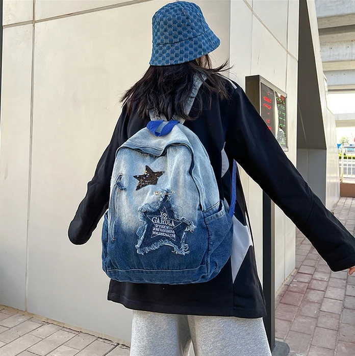 Aesthetic Trashy Y2K Grunge Denim Textile Backpack Vintage Teenager Fabric Harajuku Stylish Laptop School Badge Alt Backpack