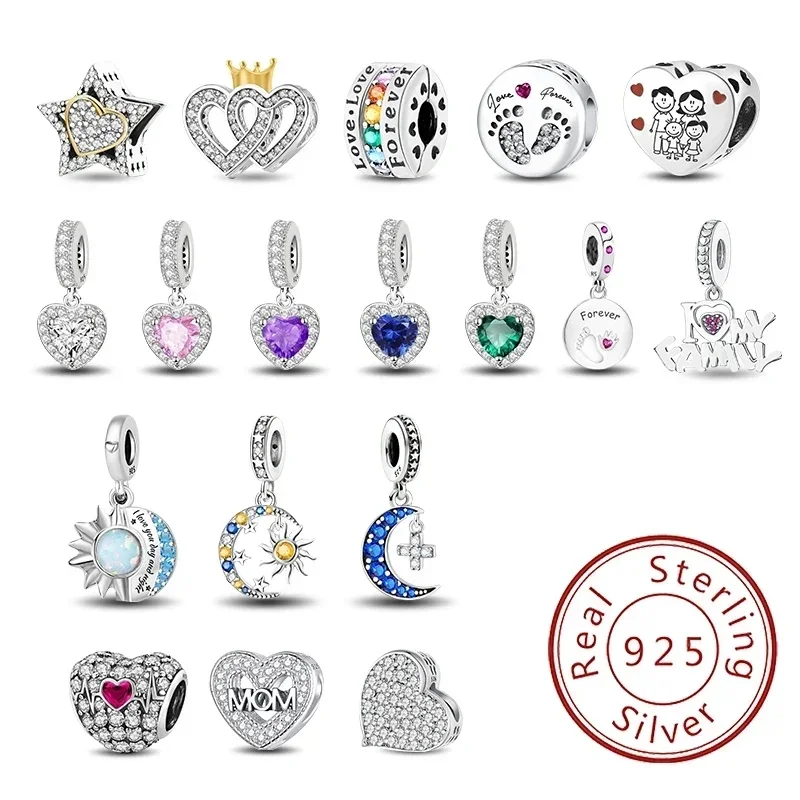 

925 Sterling Silve Moon Cross Multicolor Love Heart Pendants Charms Bead Diy Bracelet Making Gift of High Quality Fine Jewelry