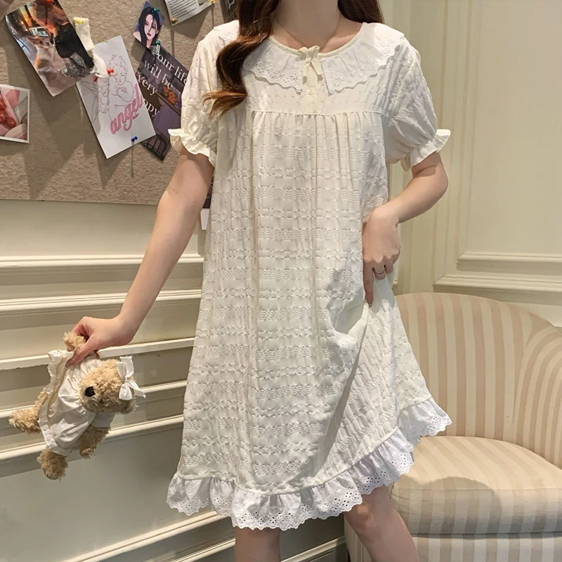

2026 Hot Summer Sweet Princess Short Sleeve Cotton Nightgowns for Women Korean Cute Lace Sleepwear Night Dress Nightdress Nighty