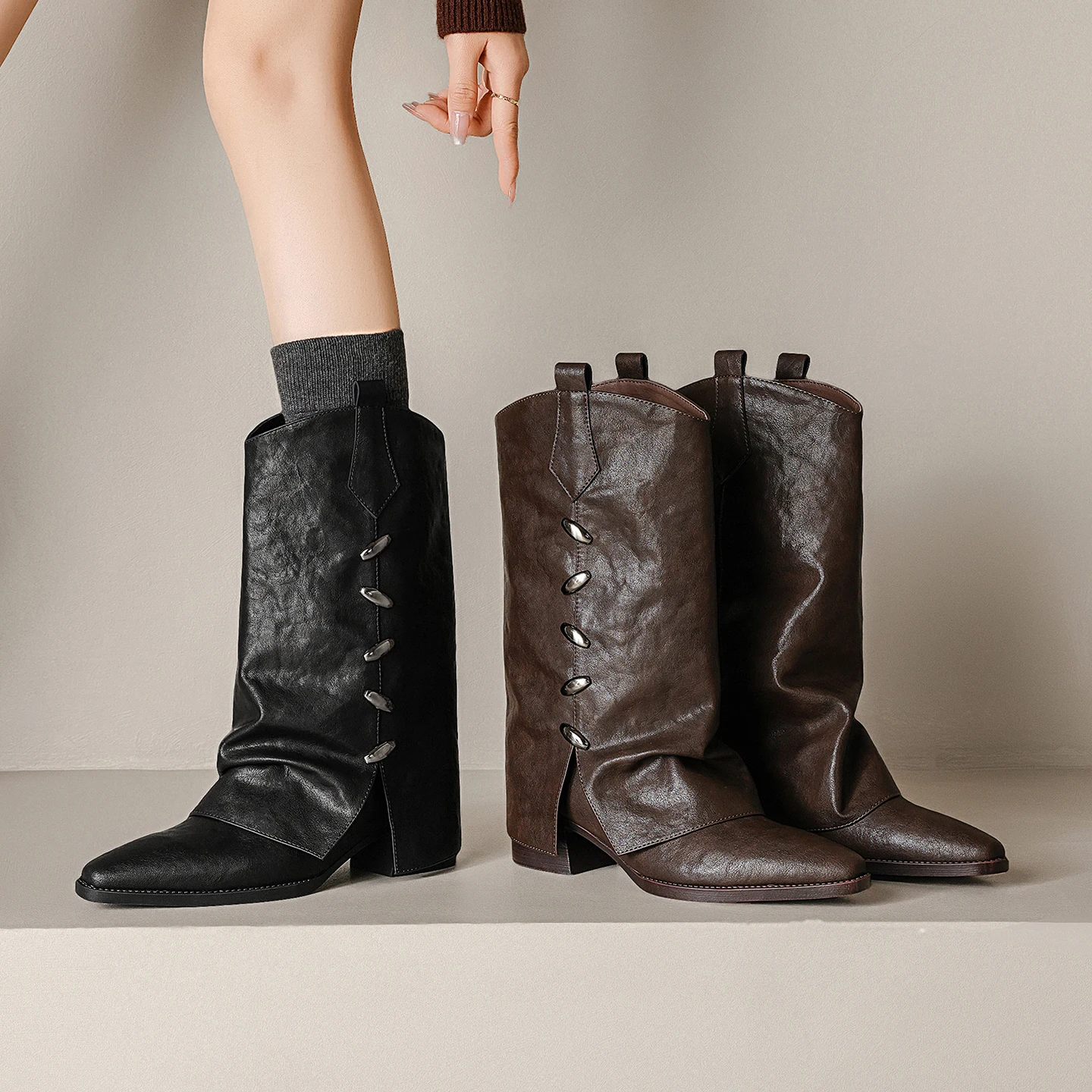 

Genuine Leather Slip On Booties Pointed Toe Knee High Boots, Mid Calf Woman boots,knight boots,Modern boots,High Boots