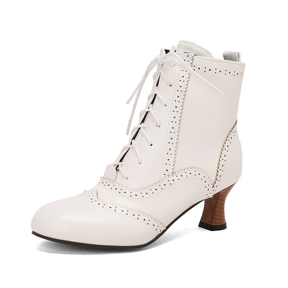 Botas De Mujer Ankle Boots Women Side Zipper Fashion Cross Tied Round Toe Kitten Heels Punk Short Boots Big Size 50 7724
