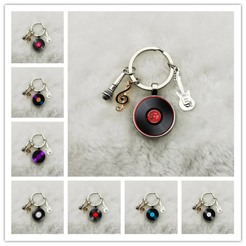 Classic Retro Vinyl Record Keychain Vintage Vibes Tape DJ Vinyl Record Player Art Photo Glass Gem Keychain Bag Pendant Trinket