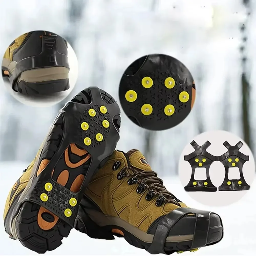 New 1Pair 10 Steel Studs Crampons Snow Grip Cleats for Ice and Snow Anti-Slip Rubber Traction Cleats Hiking Walking Climb Jogg