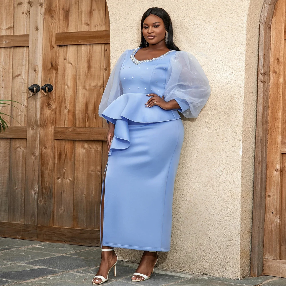 

Plus Size Baby Blue Evening Dress Chic Beading Spandex Straight Puff Sleeves Long Formal Occasion Gowns For Black Women Cheap