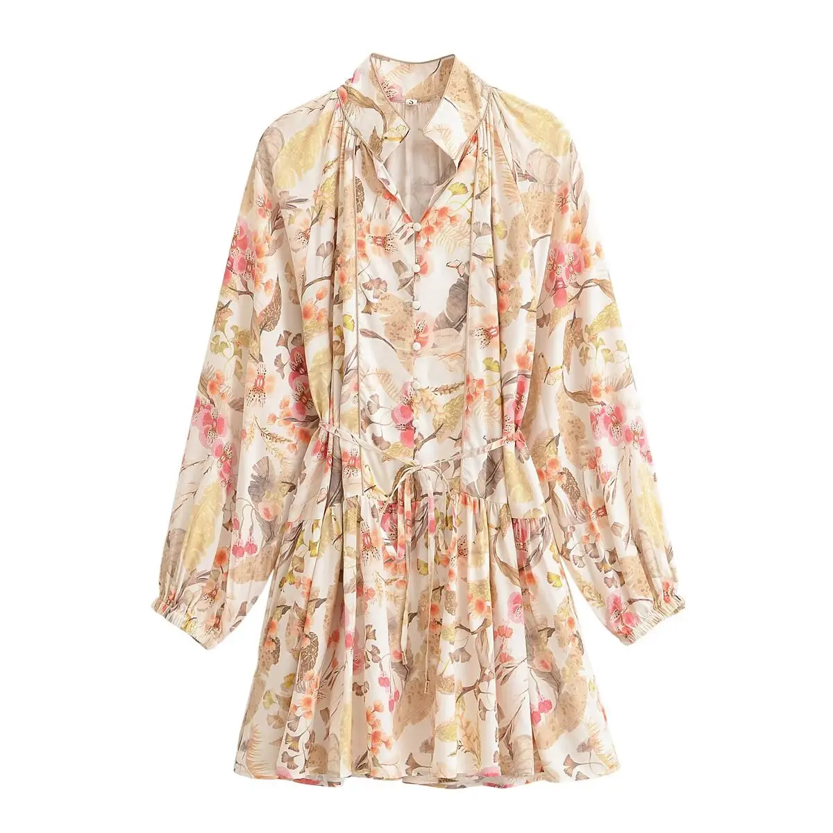 BOHO Front Open Buttons Stand V collar Floral Print Long Sleeve Mini Dress Lacing Up Sashes Woman Dresses Holiday Robe Vestidos
