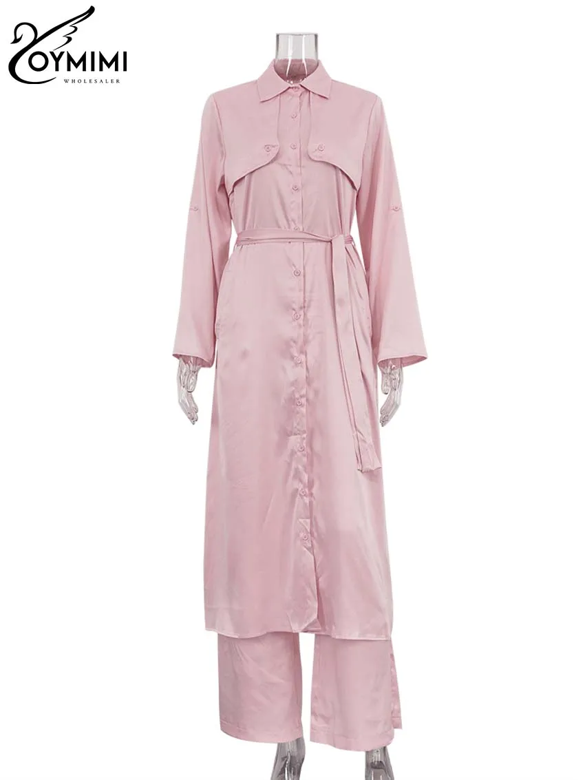 Oymimi Fashion Pink Two Piece Set For Women Casual Long Sleeve Button Lace-Up Robe And High Waisted Trousers Sets Streetwear