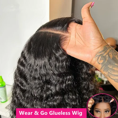 Imagen 2 del producto Peluca sin pegamento con ondas de agua, peluca de encaje precortada, pelucas de cabello humano rizado sin pegamento, color negro Natural prearrancado, Wear & Go