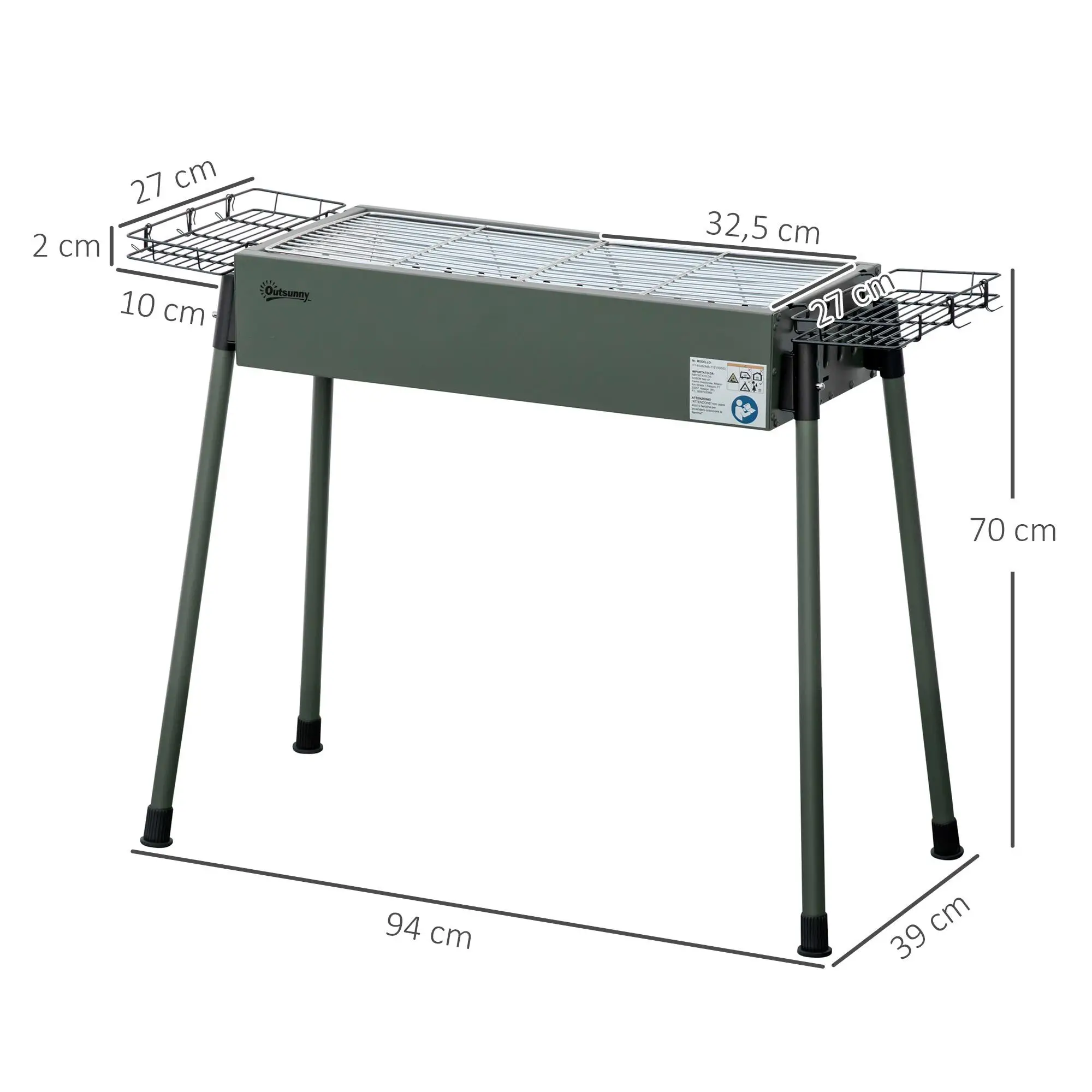 Bild 6: Holzkohlegrill, 2x Grillroste, 2x Seitenkörbe, Edelstahl, dunkelgrün, 94x39x70 cm