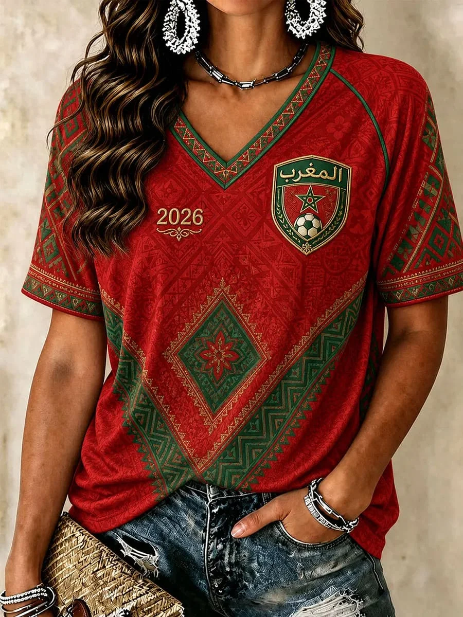2026 Morocco National Team Flag T-Shirt Women's V-Neck Sportswear with 