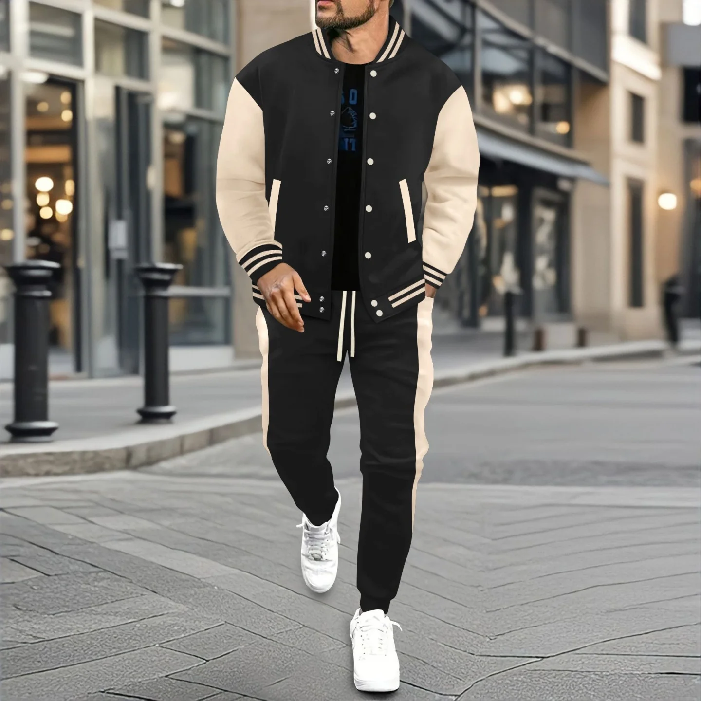 Spring And Autumn Men's New Tyle Casual Baseball Jacket Long-Sleeved Long Pants Set -Fashionable Buttons And Loose Two-Piece Set