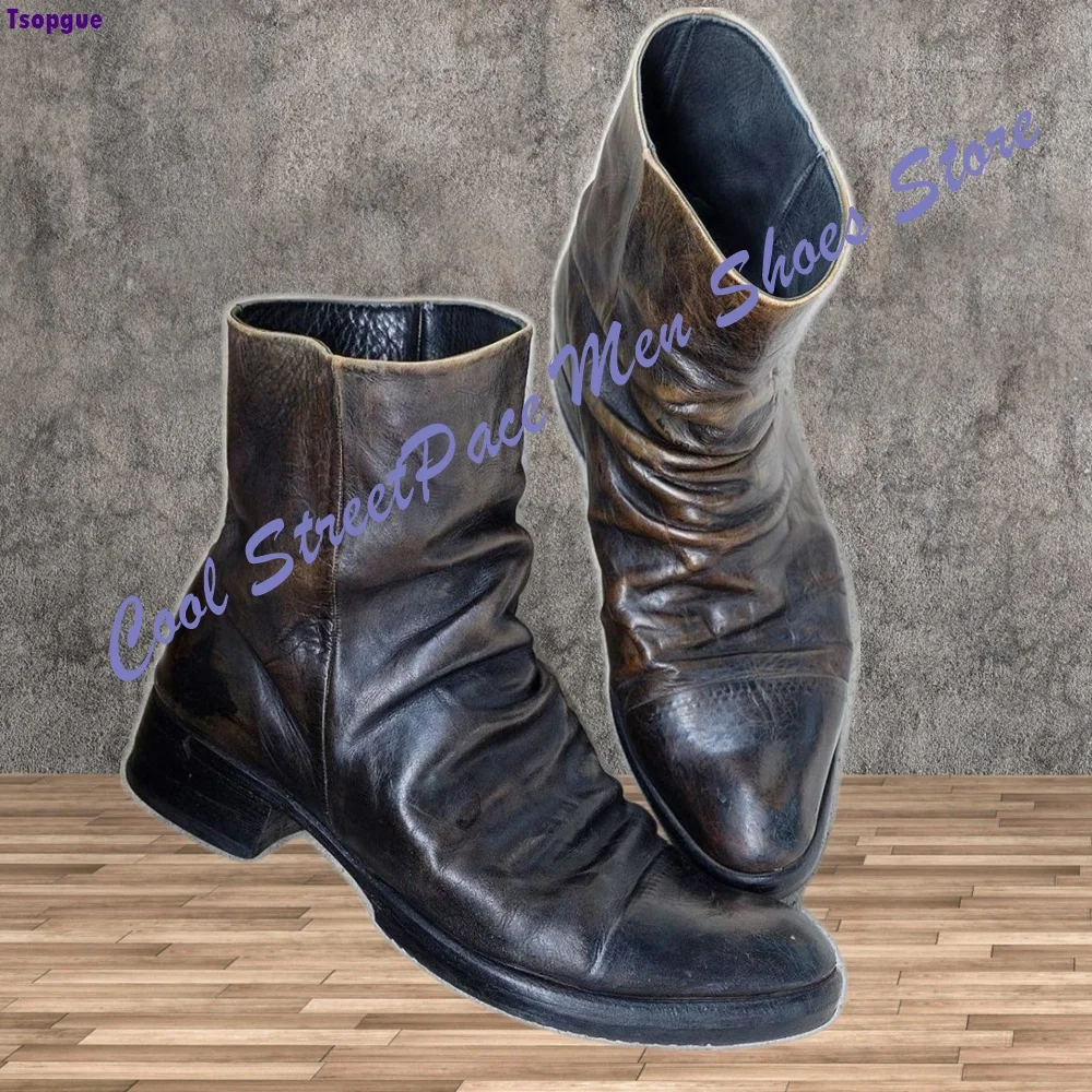 Men Vintage Gradient Distressed Mid Calf Boots Wrinkle Soft Shaft Low Square Block Heel 2026 Industrial Dark Street Men Shoes