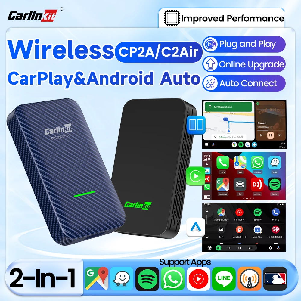 CarlinKit 2-In-1 Wireless Android Auto &CarPlay Adapter Online Upgrade WiFi BLE Wireless Auto-Connect Smart Car Navigation Box