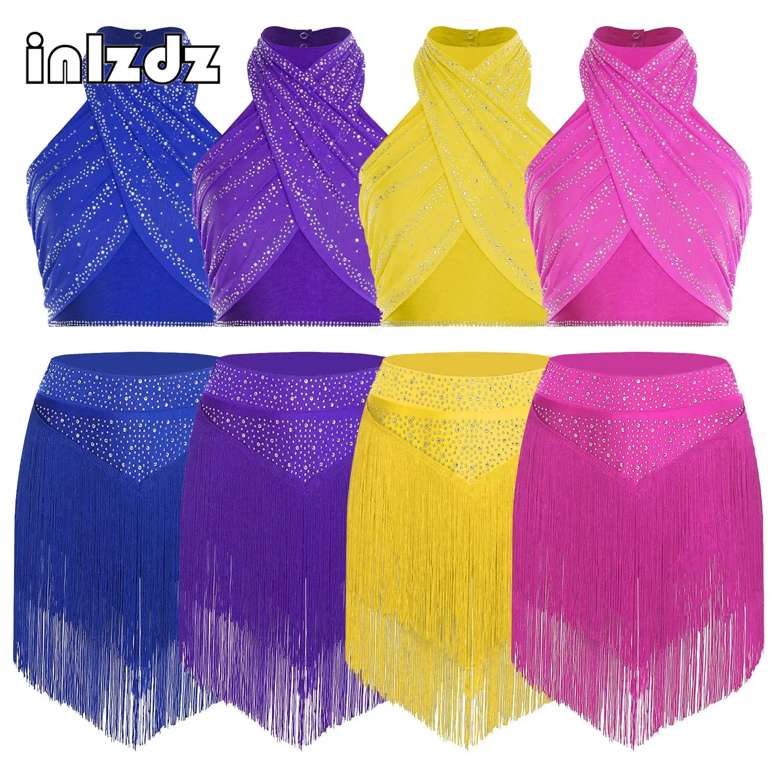 

Womens Latin Chacha Salsa Dance Outfit Belly Dance Performance Sets Halter Sleeveless Shiny Ruched Crop Top+Skirt 2-piece Sets