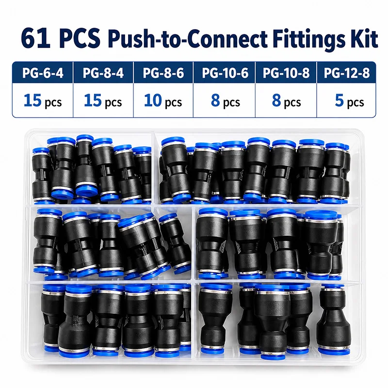 61Pcs Pneumatic Fitting Kit PG Reducer Air Hose Quick Connector Tube OD 6-4 8-4 8-6 10-6 10-8 12-8mm Push In Straight Joint Box