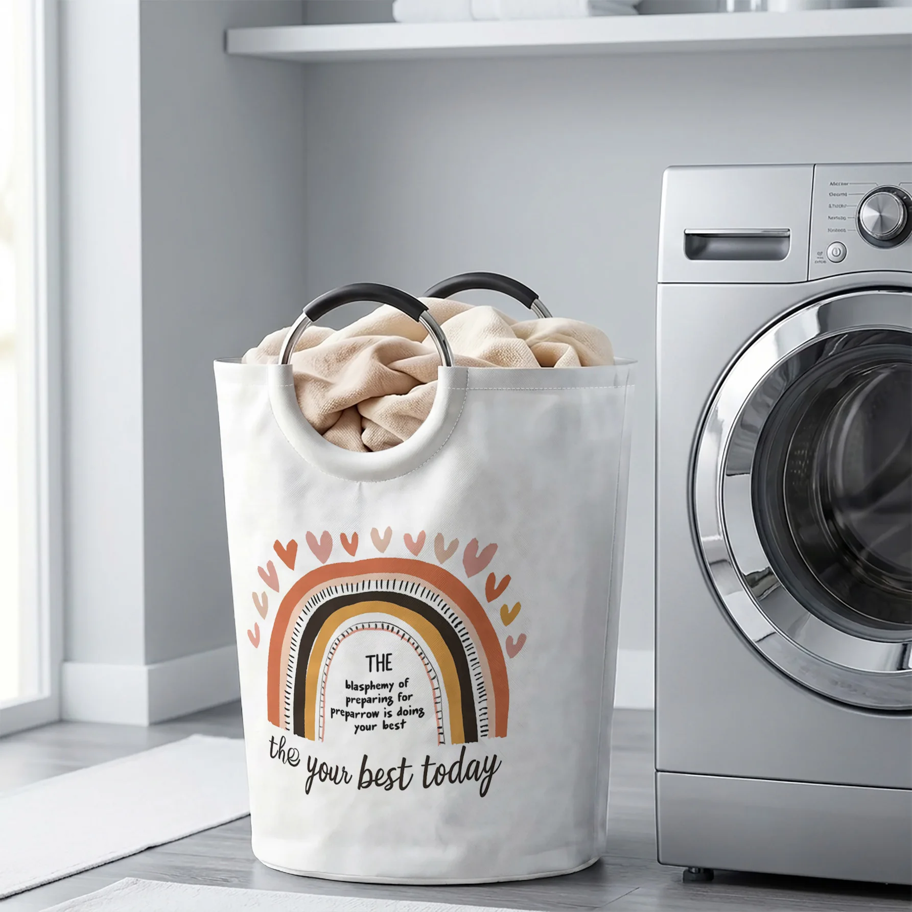 Morandi Hearts Rainbow With Text Print Handheld Storage Basket, For Laundry, Bedroom & Home Sundries Storage