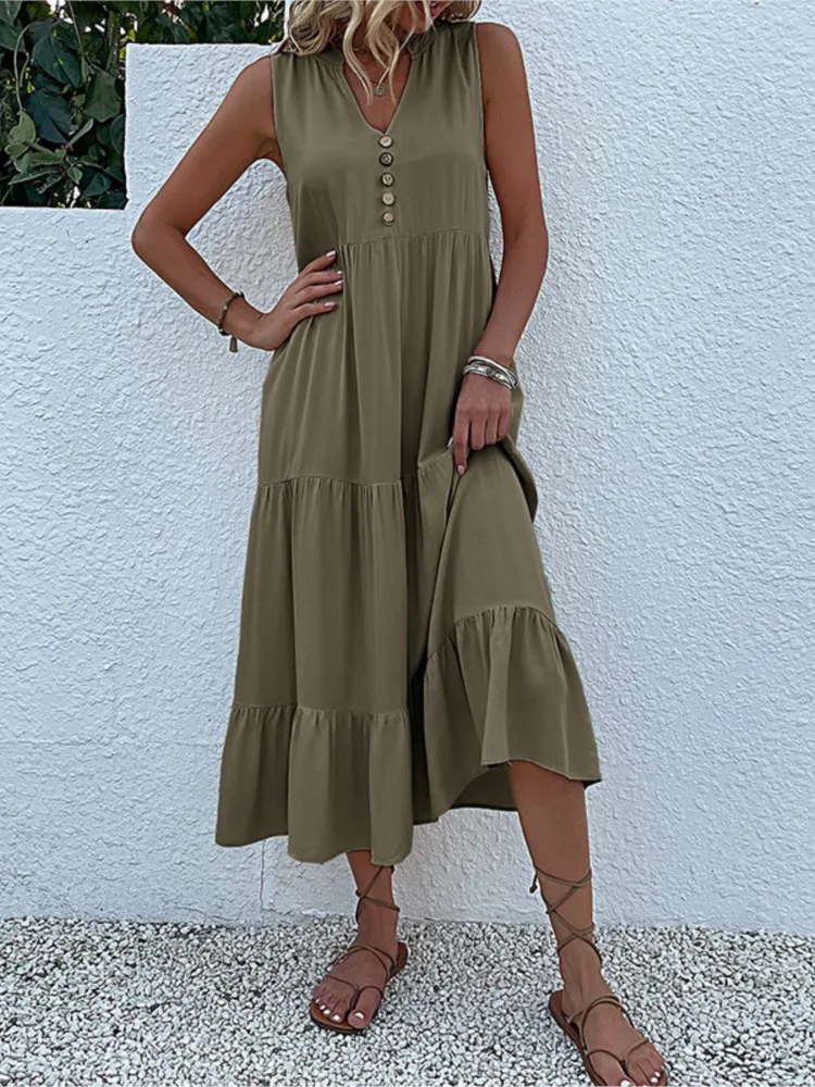 Women Casual Loose Dress Fashion Solid Sleeveless V Neck Button Pullover Dresses For Female Elegant Holiday Womens Clothing New