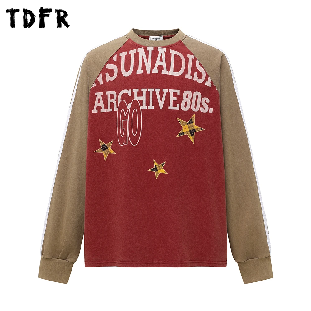 

Потертая футболка с буквенным принтом, мужская осенняя ретро повседневная свободная хлопковая футболка с круглым вырезом и длинными рукавами, мужская футболка