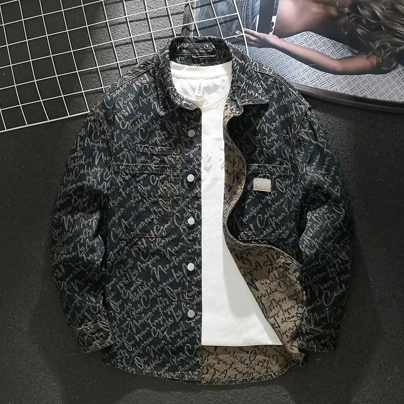 

Retro Waed American Letter Embroidery Denim irt Men's Spring Loose Long Sve Jaet Outerwear Vintage Sle Casual Wear